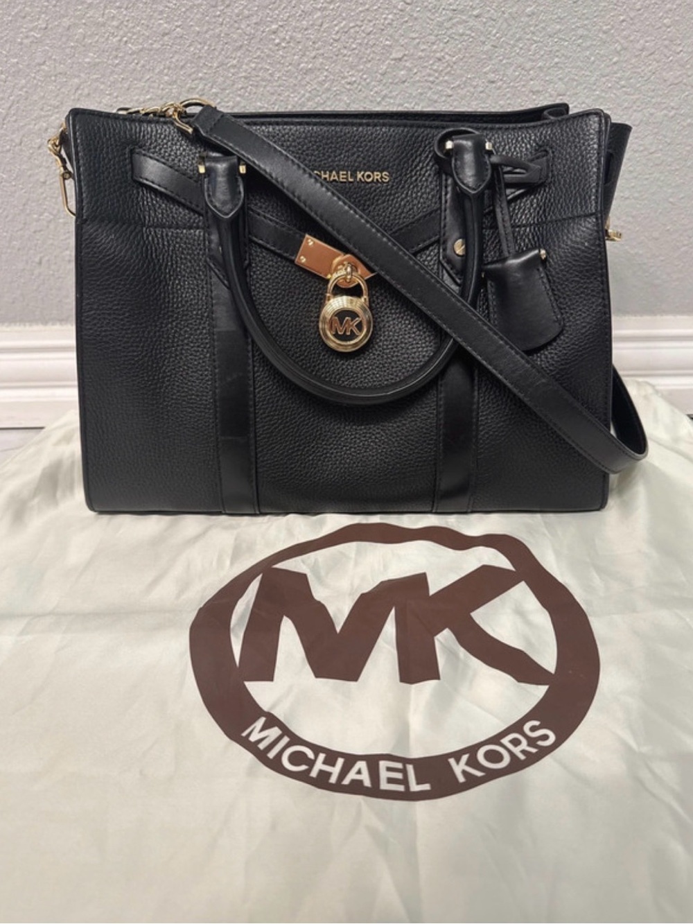 Michael Kors Black Leather Satchel with Gold Hardware and MK Charm